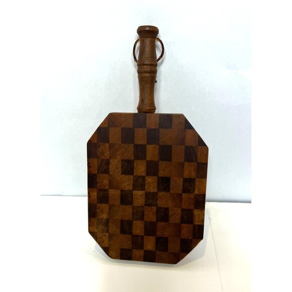 Vintage Wooden Checkered Footed Cutting Board Handle Leather Strap Use / Display - Picture 1 of 4